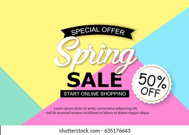 Spring sale background design for banner, flyer, wallpaper. Promotional discount shop materials, poster, brochure, voucher discount.