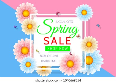 Spring sale background design with beautiful colorful flower. Vector floral design template for coupon, banner, voucher or promotional poster.