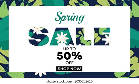 spring sale background design template with green leaves.vector illustration