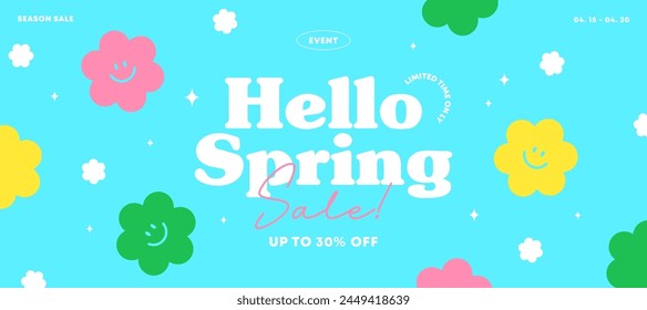 Spring sale background. Discount promotion template for social media, cute banners design, web ads. Beautiful flower poster. Trendy retro cartoon style. Good vibes. Flat vector illustration.