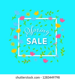 Spring sale background with flowers and frame. Vector illustration suitable for banners, brochures, covers.