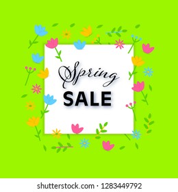 Spring sale background with flowers on bright green background. Vector illustration suitable for banners, brochures, covers.