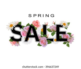 Spring sale background with flowers, roses and chamomiles. Sale illustration, banner.