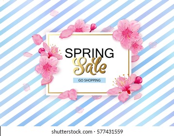 Spring Sale Background With Flowers. Season Discount Banner Design With Cherry Blossoms And Petals. 