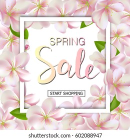 Spring sale background with flowers. Season discount banner design with cherry blossoms and petals