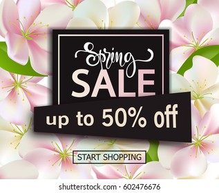 Spring sale background with flowers. Season discount banner design with cherry blossoms and petals.