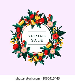 Spring sale background with flowers. Vector template for advertisment, banners, flyers, invitation, posters, brochure, voucher discount.