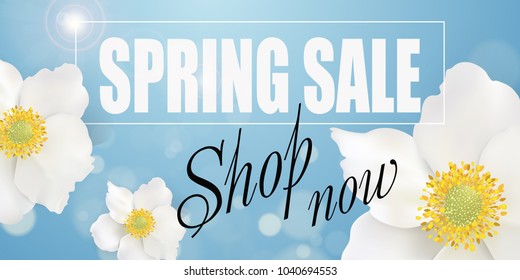 Spring sale background with frame, beautiful white flowers. Seasonal discount. Design Template for banner, flyers, invitation, poster, brochure, voucher discount. Vector illustration