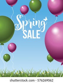 Spring sale background with grass and balloons. Copy space in the blue sky for your spring message. EPS 10 vector.