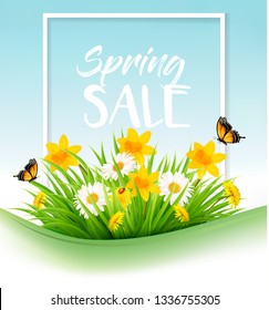 Spring sale background with grass, flowers and a butterfly. Vector.
