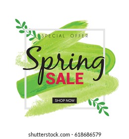 Spring sale background with green watercolor brush stroke. Spring sale Vector illustration. 