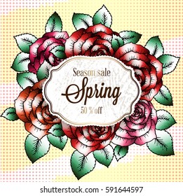 Spring sale background with halftone effect rose flower. Vector illustration template for banners, cards, invitations, posters, brochure, voucher discount.Perfect for design or decoration.