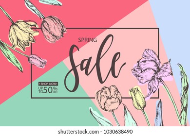 Spring sale background with hand drawing of spring flowers- tulips. Vector illustration.