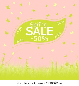 Spring sale background with herbs and butterflies. Flat design. Vector.