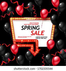 Spring Sale background. Spring holiday card, banner, poster or flyer with helium shine red and black balloons, vector