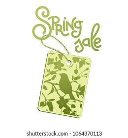 Spring sale background. The inscription and silhouette of a flowering branch of Japanese cherry and bird. Vector.