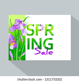 Spring Sale background with irises flowers, leaves on green background. Negative space trend. Spring placard, poster, flyer, banner invitation card.