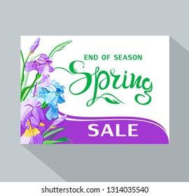Spring Sale background with irises flowers, leaves  and lettering. Spring placard, poster, flyer, banner invitation card.
