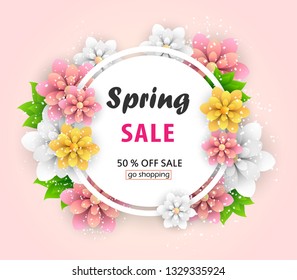 Spring sale background layout for banners. Voucher discount with beautiful flowers. Vector design for shop poster, leaflet or web banner. Eps 10