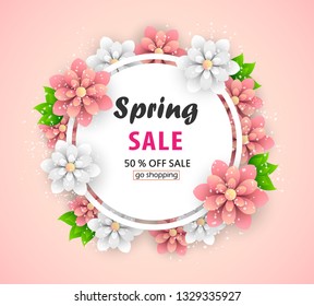 Spring sale background layout for banners. Voucher discount with beautiful flowers. Vector design for shop poster, leaflet or web banner. Eps 10
