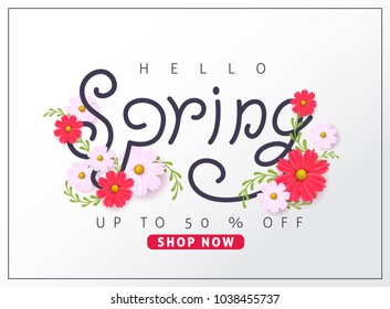 Spring sale background layout with beautiful colorful flower for banners,Wallpaper,flyers, invitation, posters, brochure, voucher discount.Vector illustration template.