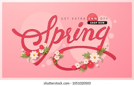 Spring sale background layout with beautiful colorful flower for banners,Wallpaper,flyers, invitation, posters, brochure, voucher discount.Vector illustration template.