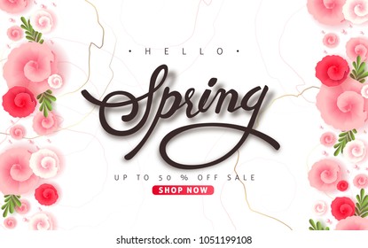 Spring sale background layout with beautiful colorful flower for banners,Wallpaper,flyers, invitation, posters, brochure, voucher discount.Vector illustration template.