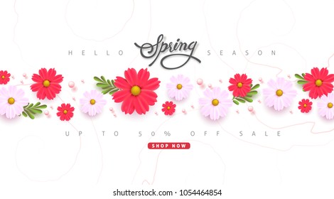 Spring sale background layout with beautiful colorful flower for banners,Wallpaper,flyers, invitation, posters, brochure, voucher discount.Vector illustration template.