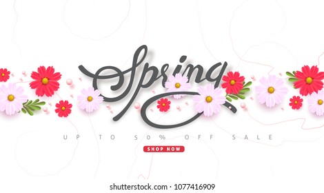 Spring sale background layout with beautiful colorful flower for banners,Wallpaper,flyers, invitation, posters, brochure, voucher discount.Vector illustration template.