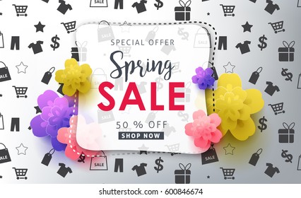 Spring sale background layout with beautiful colorful flower for banners,Wallpaper,flyers, invitation, posters, brochure, voucher discount.Vector illustration template.