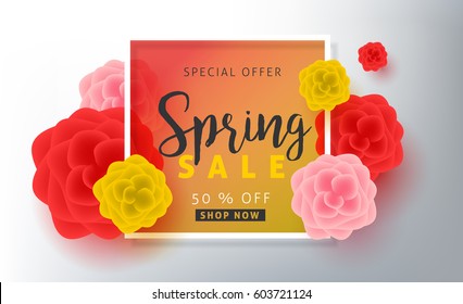 Spring sale background layout with beautiful colorful flower for banners,Wallpaper,flyers, invitation, posters, brochure, voucher discount.Vector illustration template.