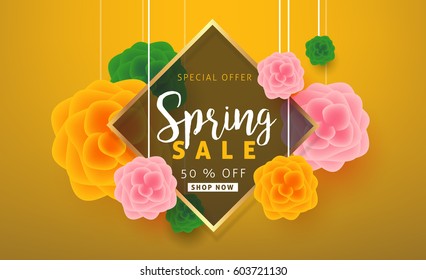 Spring sale background layout with beautiful colorful flower for banners, Wallpaper,flyers, invitation, posters, brochure, voucher discount.Vector illustration template.