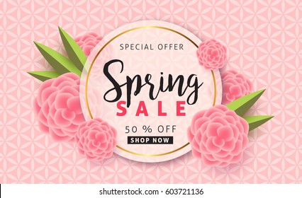 Spring sale background layout with beautiful colorful flower for banners,Wallpaper,flyers, invitation, posters, brochure, voucher discount.Vector illustration template.