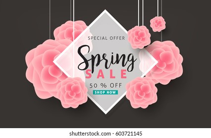 Spring sale background layout with beautiful colorful flower for banners, Wallpaper,flyers, invitation, posters, brochure, voucher discount.Vector illustration template.
