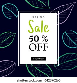 Spring sale background with leaf outlines, Vector illustration