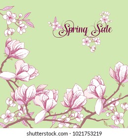 Spring sale background with magnolia and apple tree. Hand drawn sakura flowers. Vector illustration
