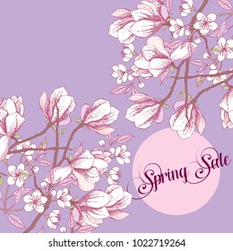 Spring sale background with magnolia and apple tree. Hand drawn sakura flowers. Vector illustration