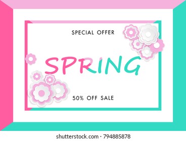 Spring sale background with paper cut flower, vector illustration template, banners, Wallpaper, invitation, posters, brochure, voucher discount.