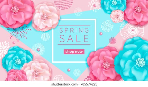 Spring sale background with pink and turquoise decorative flowers, abstract elements hand drawn texture.