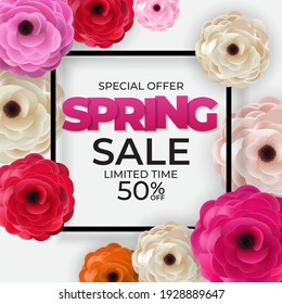 Spring Sale Background Poster Template with Flowers and Frame. Vector Illustration EPS10
