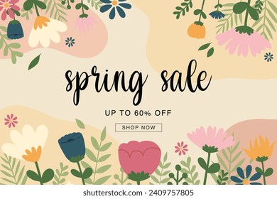 Spring sale background poster template. Vector abstract background with colorful leaves and flowers background. For vouchers, wallpaper, banners, headers, social media, sales, coupon discounts.