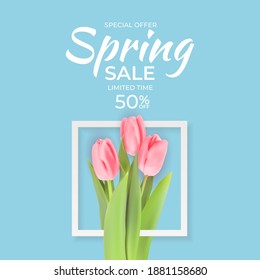 Spring Sale Background with Realistic Tulip Flowers. Vector Illustration