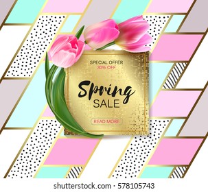Spring sale background with realistic vector tulips. Template for banners, flyers, invitation, voucher, discount, posters, brochure. Golden plate on trendy colors patchwork background. Not trace.