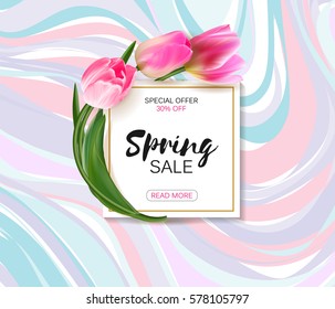 Spring sale background with realistic vector tulips. Template for banners, flyers, invitation, voucher, discount, posters, brochure. White plate on delicate colors marble background