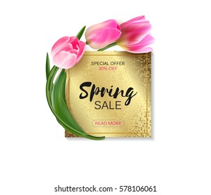 Spring sale background with realistic vector tulips. Template for banners, flyers, invitation, voucher, discount, posters, brochure. Golden plate on white background