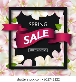 Spring sale background with ribbon and flowers. Season discount banner design with cherry blossoms and petals. Vector illustration ,template. Wallpaper, flyers, invitation, posters, brochure.