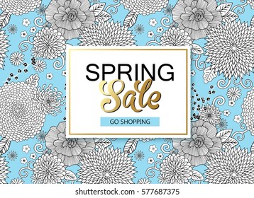 Spring sale background. Season discount banner design with hand drawn flowers. 