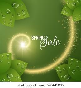 Spring sale background with shiny star and golden dust particle trail