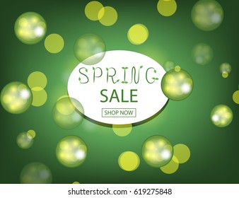 Spring Sale Background with sparkling drops for your design. Vector Illustration. Template for Banner, Poster, Brochure, Voucher discount.
