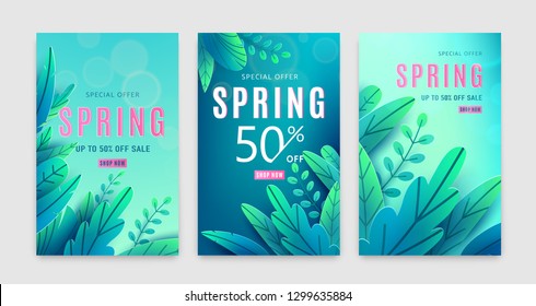 Spring sale background. Springtime discount poster set with bright green blue fantasy leaves, light effect, season type text sign 50 percent off. Promo offer template. Vector illustration.